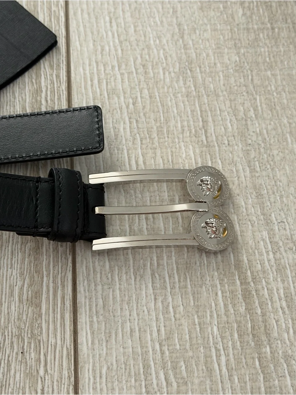 Versace double medusa Black Leather Belt with Silver Twin-Prong Buckles women 24